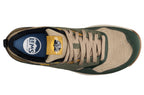 Juniper green and tan casual sneaker with mesh upper, leather accents, and beige laces.