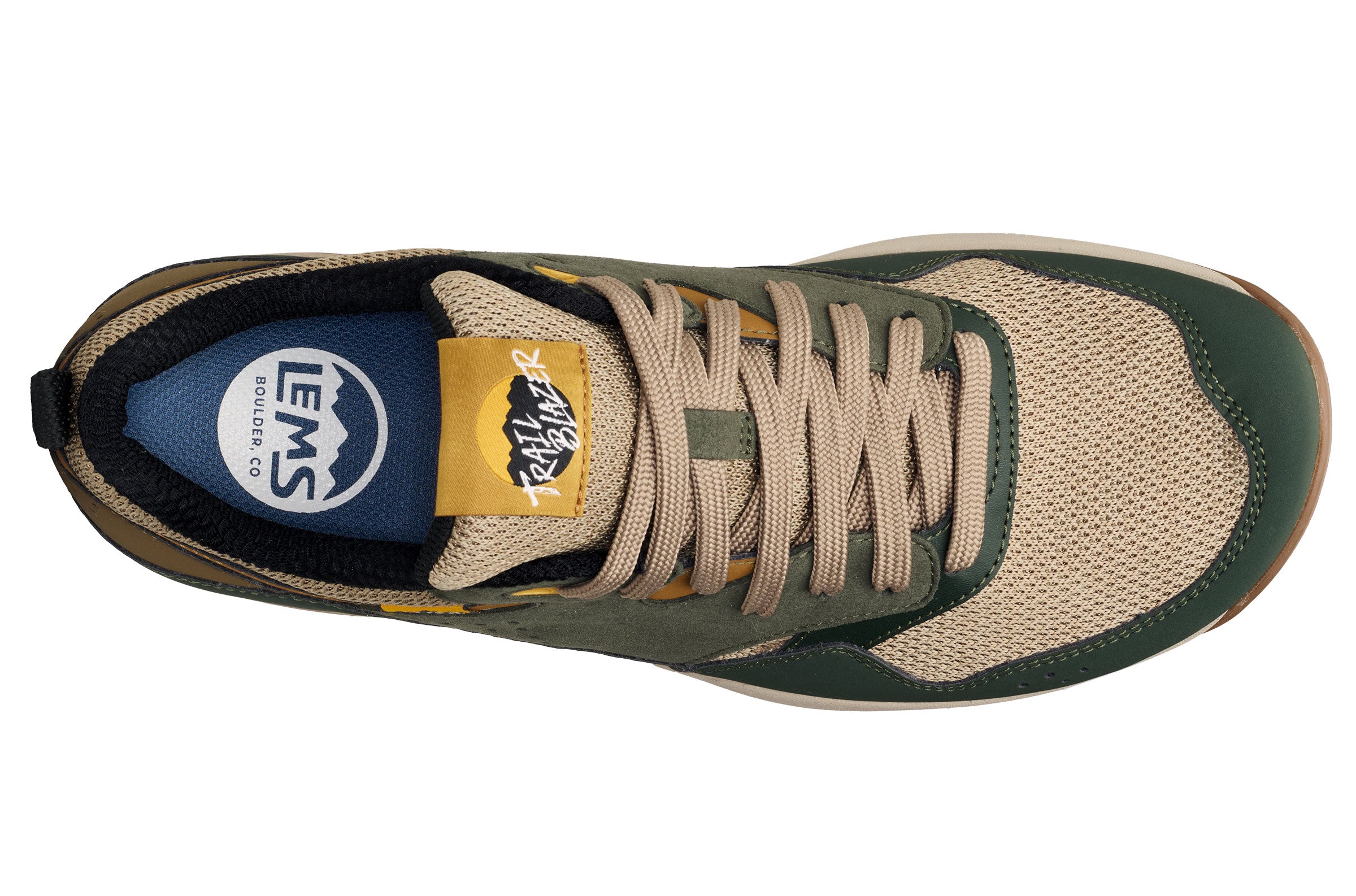 Juniper green and tan casual sneaker with mesh upper, leather accents, and beige laces.