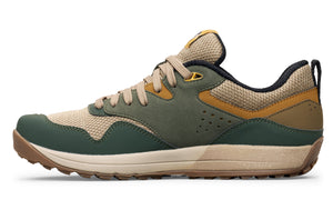 Juniper green and tan casual sneaker with breathable mesh and suede overlays, tan laces, and gum sole.