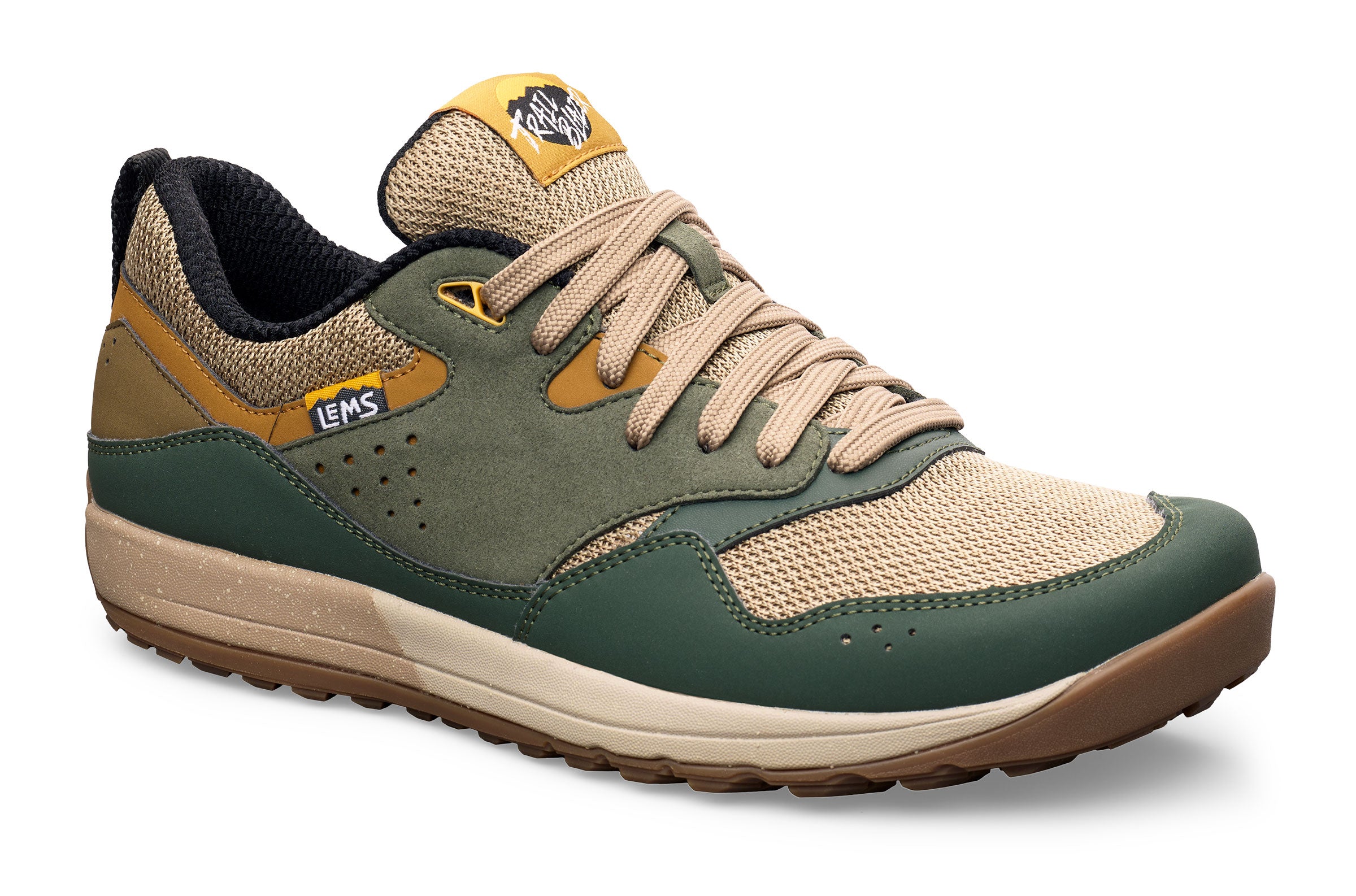 Casual Lems Trail Blazer sneaker in juniper green with tan mesh and beige laces, brown sole.