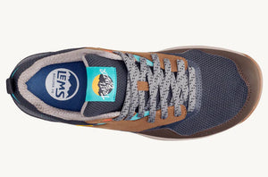 Grey and brown mesh Lems Trail Blazer sneaker with patterned laces and light blue accents.