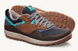 Brown and gray casual sneaker with blue accents and textured rubber sole.