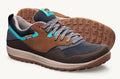 Brown and gray casual sneaker with blue accents and textured rubber sole.