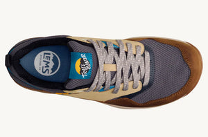 Top view of Lems Trail Blazer Safari sneaker with grey mesh, tan suede toe, and cream laces.