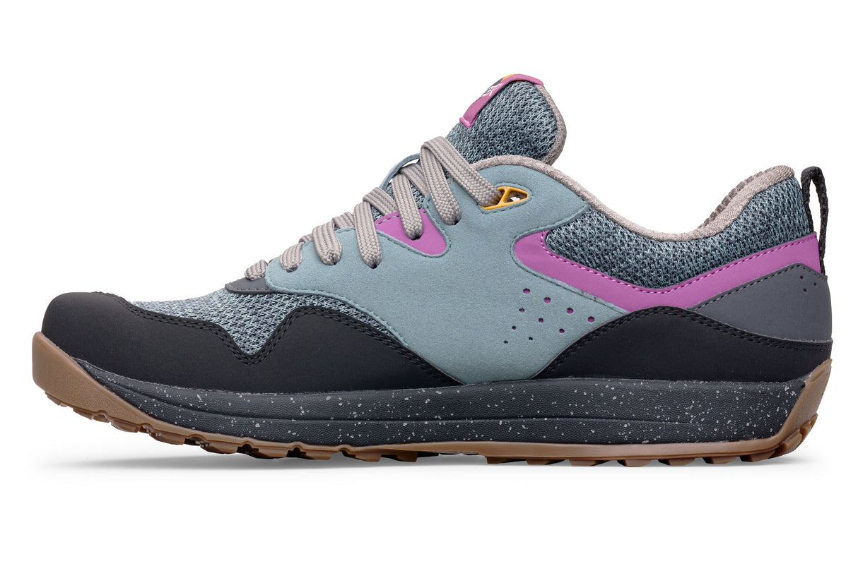 Gray and pink Lems Trail Blazer casual sneaker with black toe cap and gum sole.