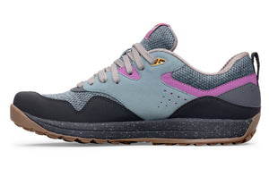 Gray and pink Lems Trail Blazer casual sneaker with black toe cap and gum sole.