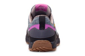 Lems Trail Blazer casual shoe in Thunder color, gray and purple mesh upper, tan rubber sole viewed from back.