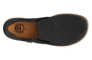 Black slip-on casual shoe with rounded toe, stretchy side panels, and cork insole with logo imprint.