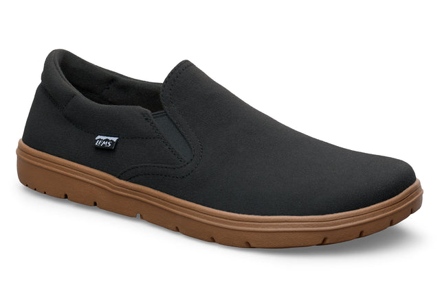 Black slip-on casual shoe with elastic side panels and brown rubber sole.