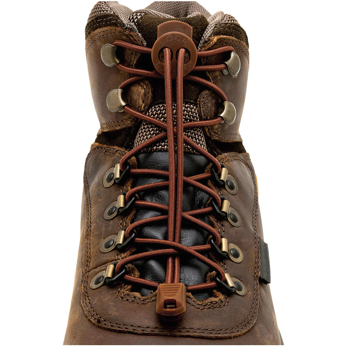 Brown leather boot with black Lock Laces BOOT no-tie shoelaces threaded through metal eyelets.