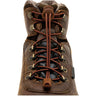 Brown leather boot with black Lock Laces BOOT no-tie shoelaces threaded through metal eyelets.