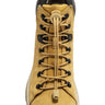 Tan no-tie Lock Laces threaded through tan leather boot eyelets with black metal hooks.