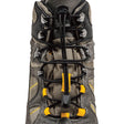 Black no-tie Lock Laces threaded through gray hiking boot eyelets with yellow accents.