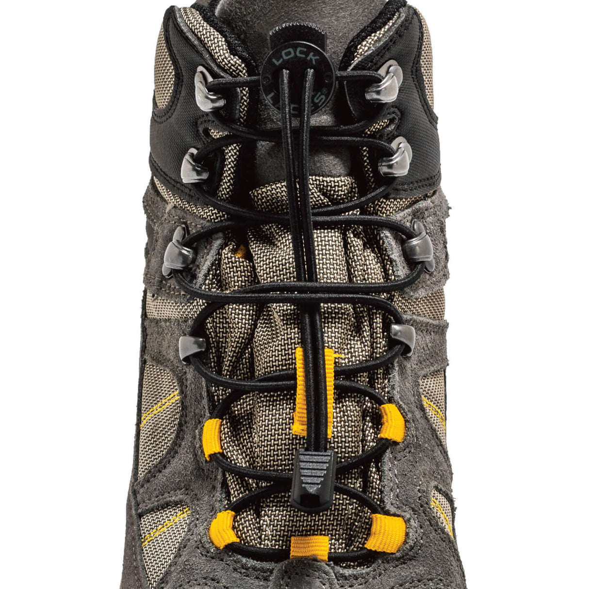 Black no-tie Lock Laces threaded through gray hiking boot eyelets with yellow accents.