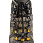 Black no-tie Lock Laces threaded through gray hiking boot eyelets with yellow accents.