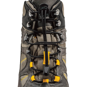 Black no-tie Lock Laces threaded through gray hiking boot eyelets with yellow accents.