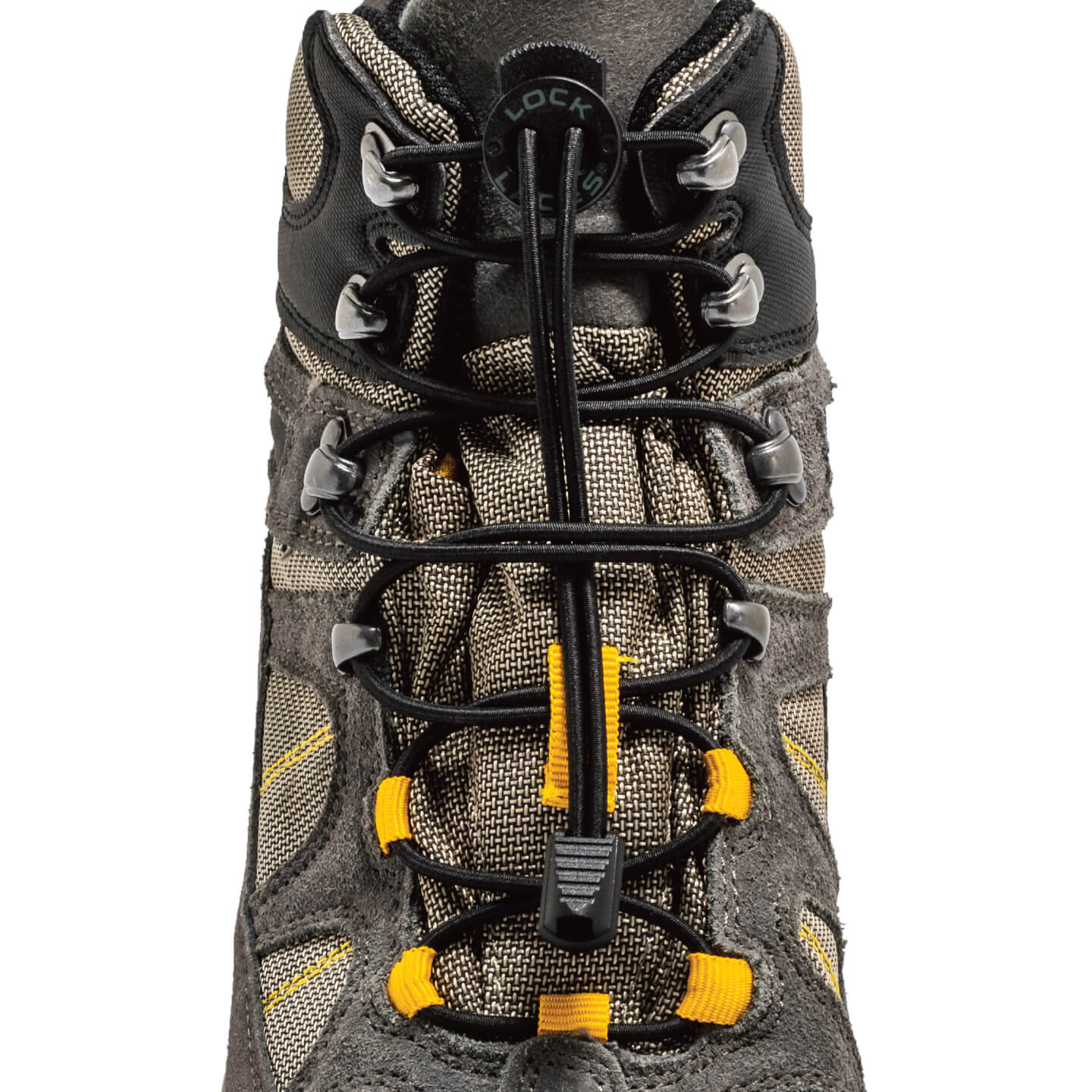 Black no-tie Lock Laces threaded through gray hiking boot eyelets with yellow accents.