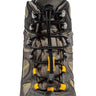 Black no-tie Lock Laces threaded through gray hiking boot eyelets with yellow accents.