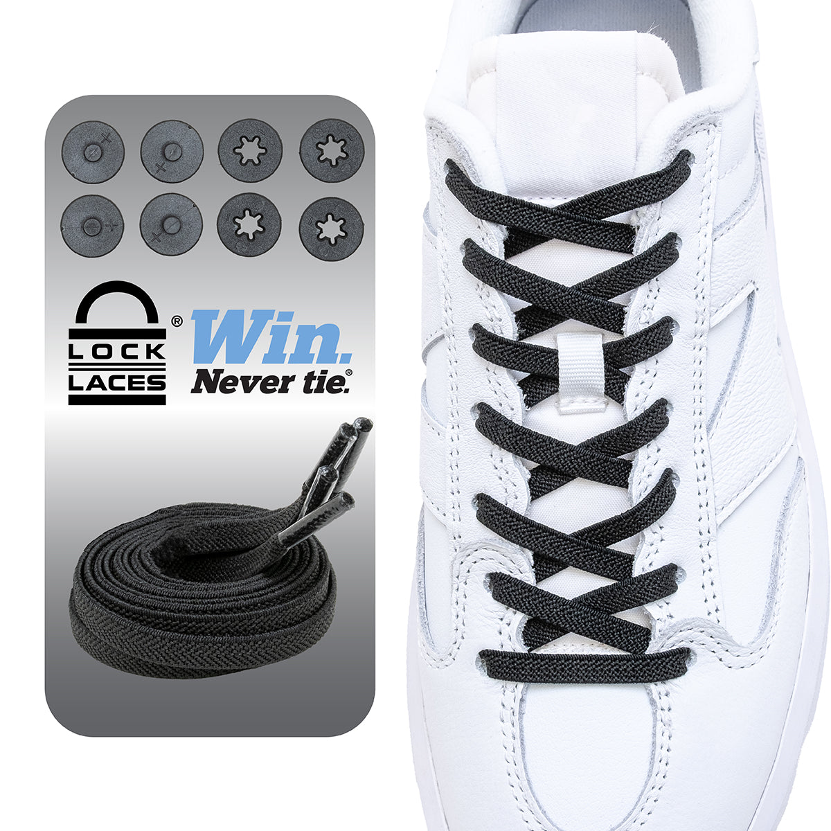 Black Lock Laces flat no-tie shoelaces threaded on white sneaker with locking clips and extra lace tips set.