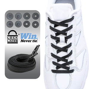 Black Lock Laces flat no-tie shoelaces threaded on white sneaker with locking clips and extra lace tips set.