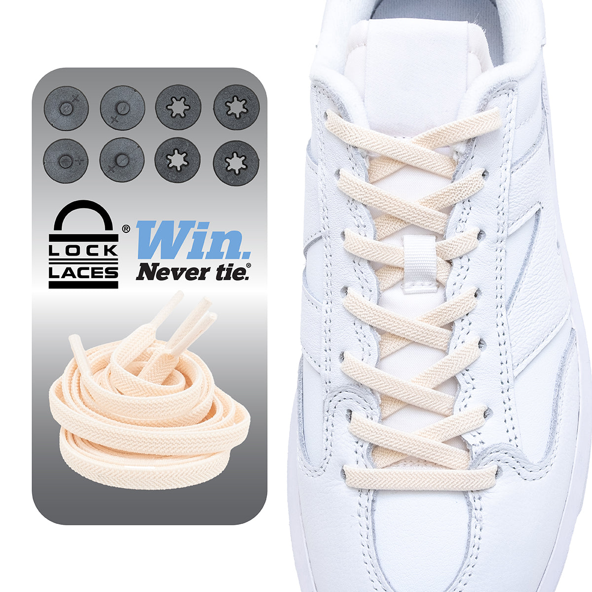 Cream Lock Laces FLAT no-tie shoelaces threaded on white sneaker with black button locks nearby.