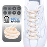 Cream Lock Laces FLAT no-tie shoelaces threaded on white sneaker with black button locks nearby.