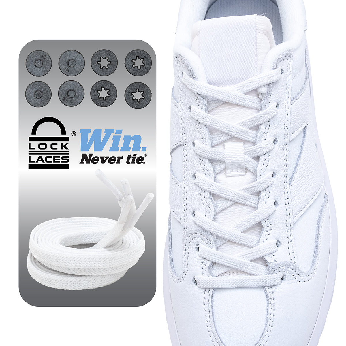 White Lock Laces flat no-tie shoelaces installed on white sneaker with locking mechanism shown separately.