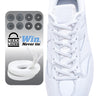 White Lock Laces flat no-tie shoelaces installed on white sneaker with locking mechanism shown separately.