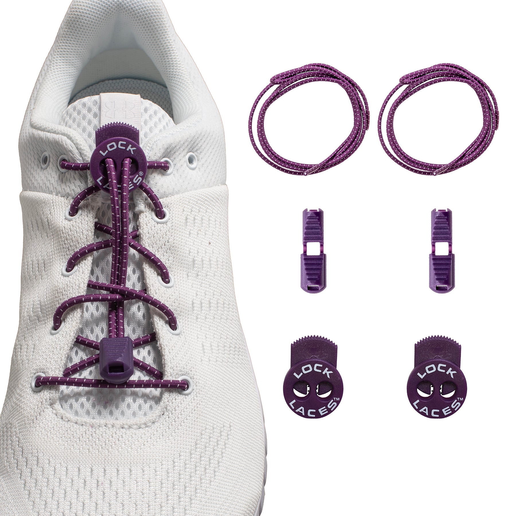 Purple Lock Laces no-tie shoelaces with matching locks and clips displayed next to a white sneaker lace-up system.