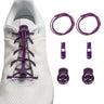 Purple Lock Laces no-tie shoelaces with matching locks and clips displayed next to a white sneaker lace-up system.