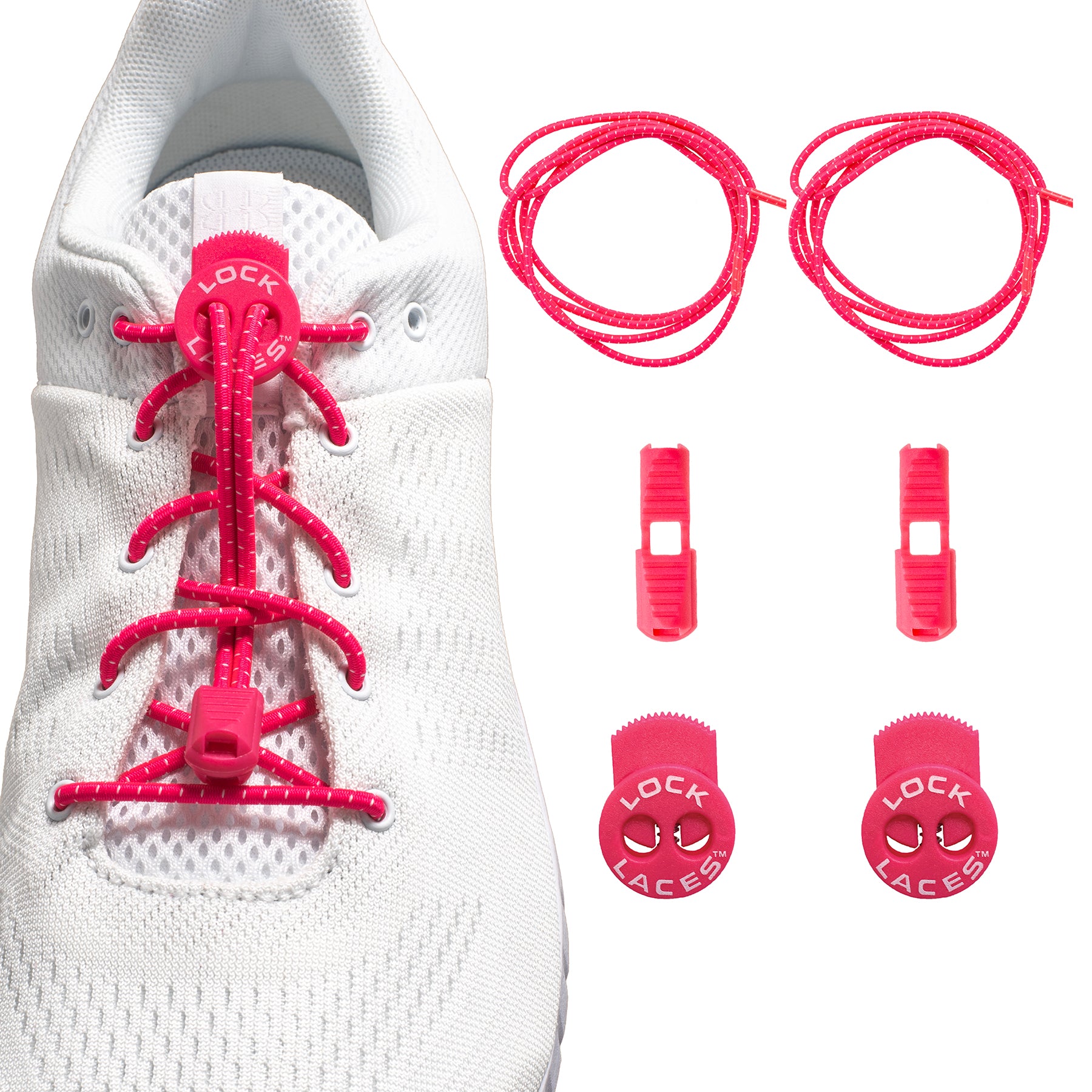 Hot pink Lock Laces no-tie shoelaces on white sneaker with locking clips and round lace ends.
