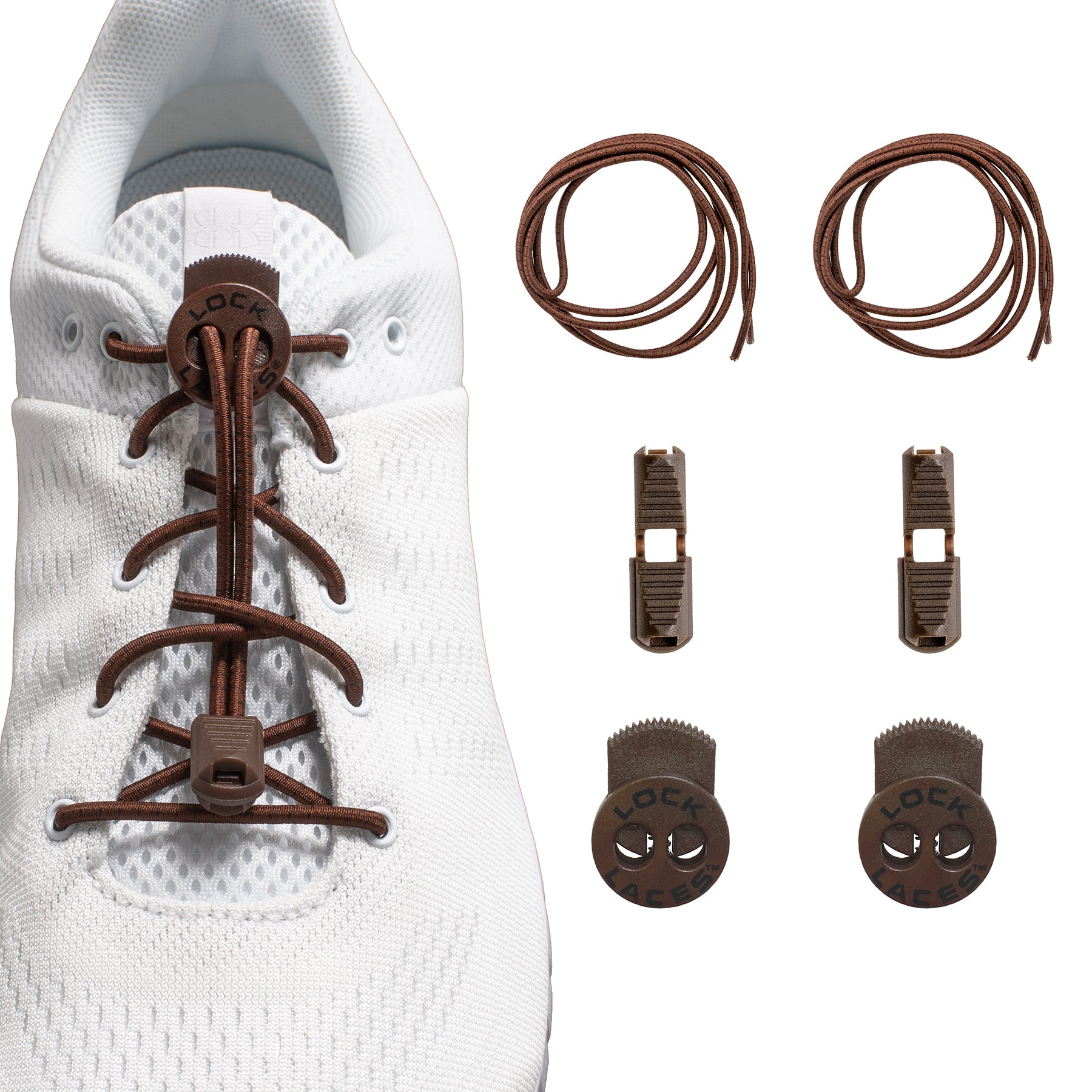 White sneaker with brown Lock Laces no-tie shoelaces, extra laces, and locking clips arranged beside it.