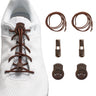White sneaker with brown Lock Laces no-tie shoelaces, extra laces, and locking clips arranged beside it.