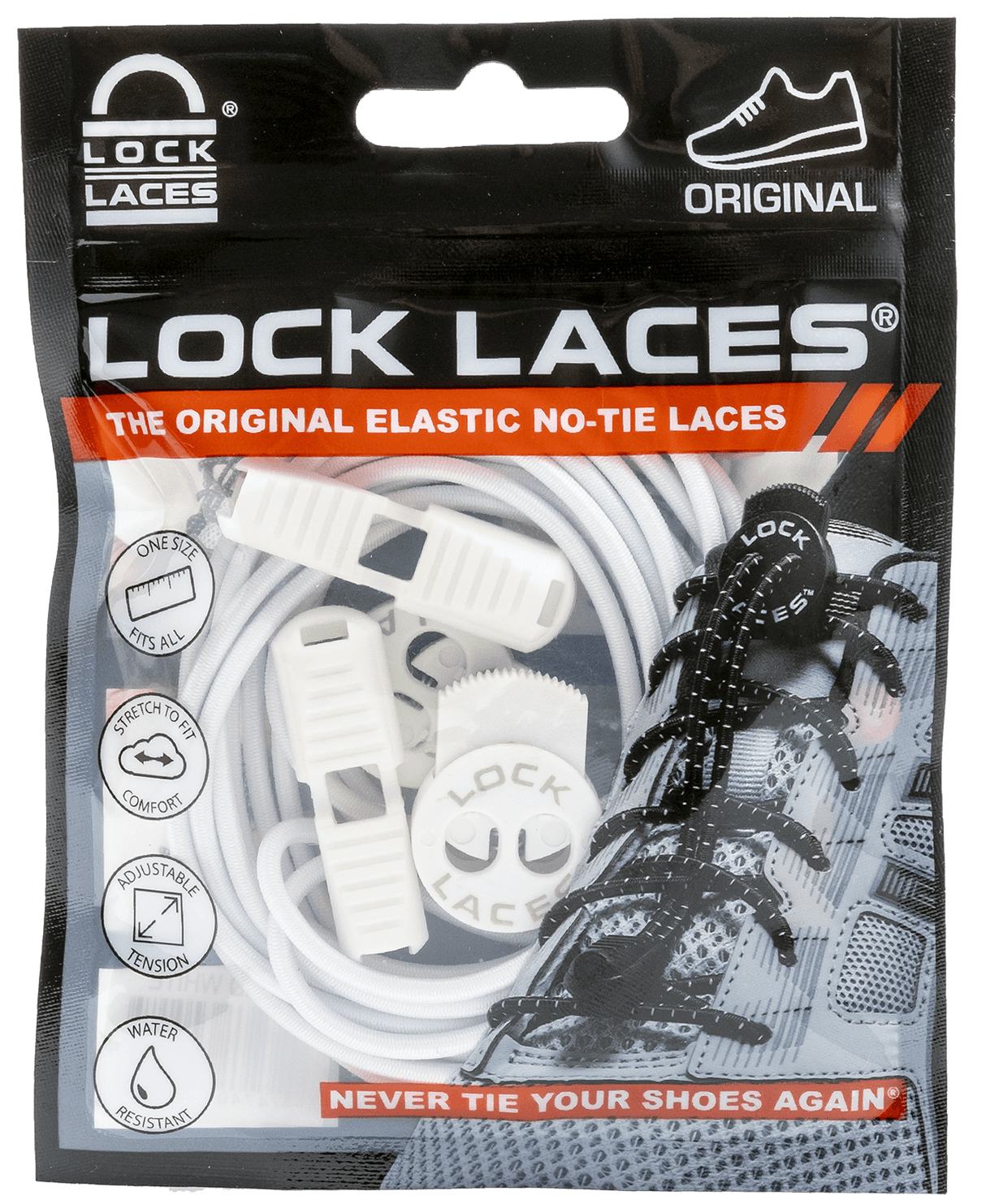 Black elastic no-tie Lock Laces with white locking mechanism in retail packaging.