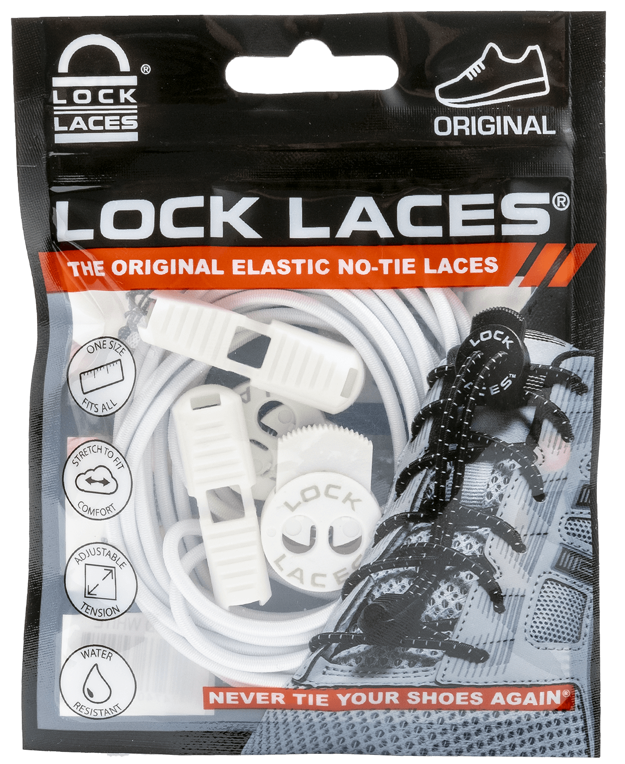 Black elastic no-tie Lock Laces with white locking mechanism in retail packaging.