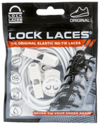 Black elastic no-tie Lock Laces with white locking mechanism in retail packaging.