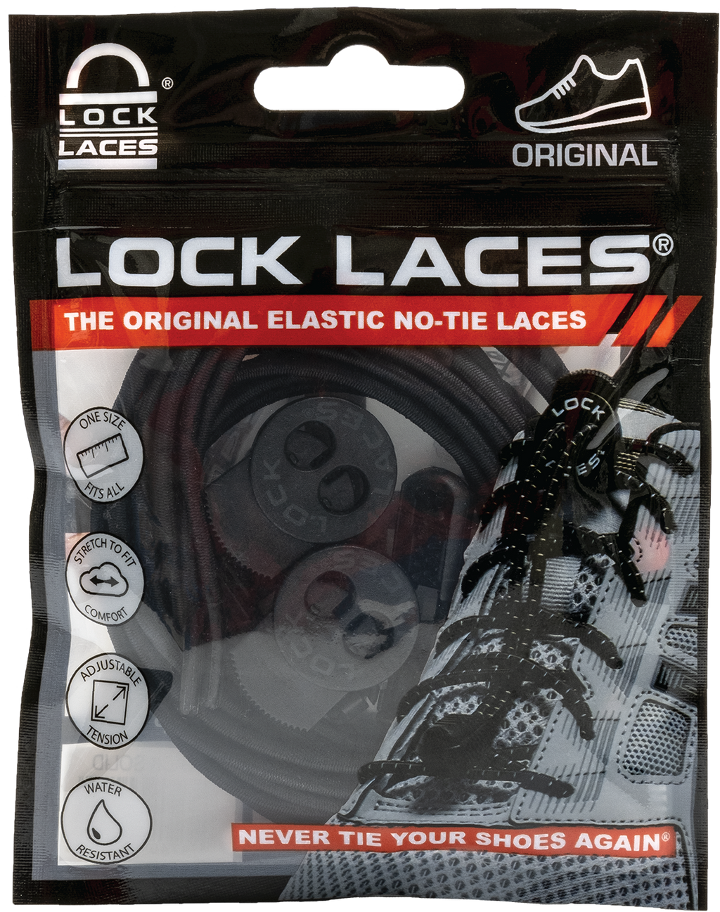 Black elastic no-tie Lock Laces ORIGINAL shoelaces in branded packaging with red and white text.