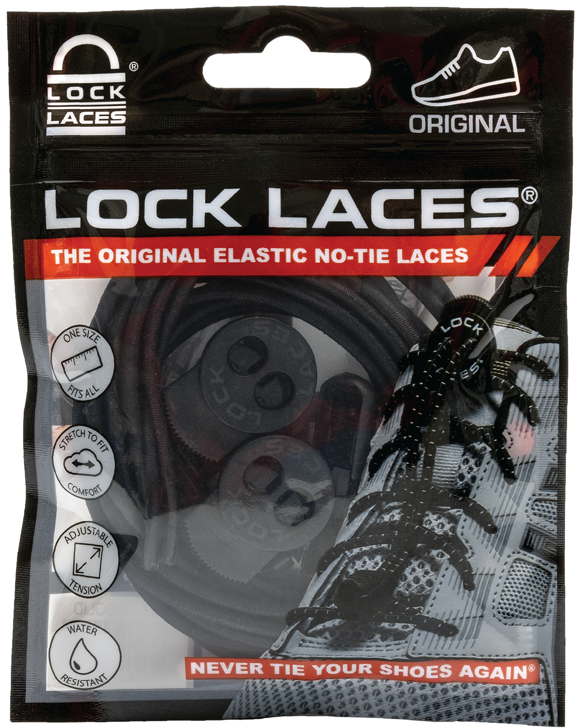 Black elastic no-tie Lock Laces ORIGINAL shoelaces in branded packaging with red and white text.