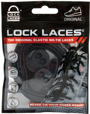 Black elastic no-tie Lock Laces ORIGINAL shoelaces in branded packaging with red and white text.
