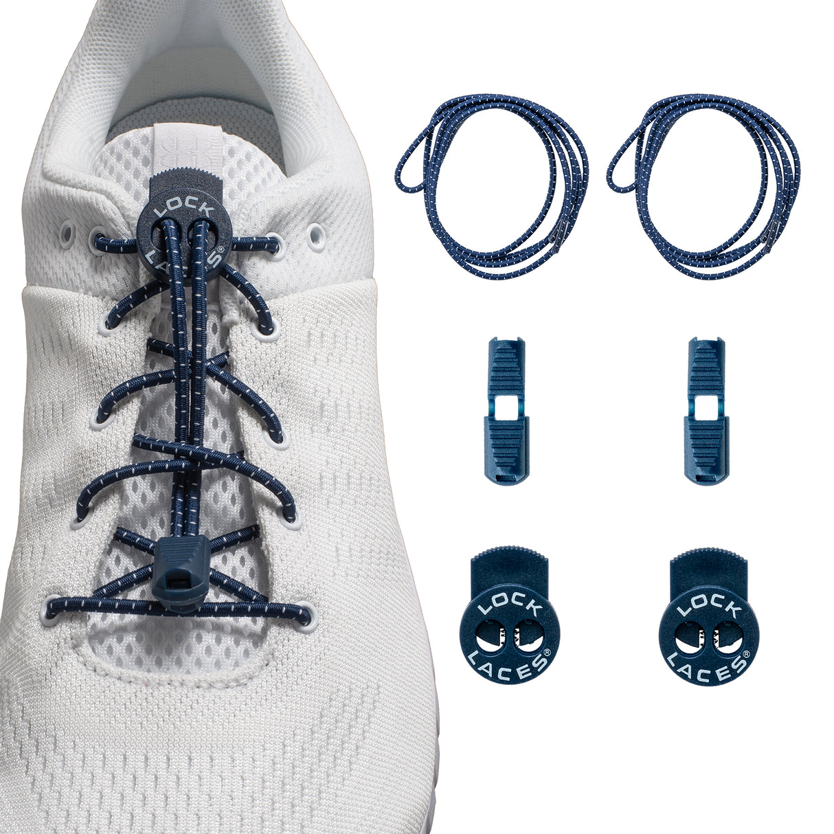 Navy blue Lock Laces no-tie shoelaces on white sneaker with locking clips and end caps displayed separately.
