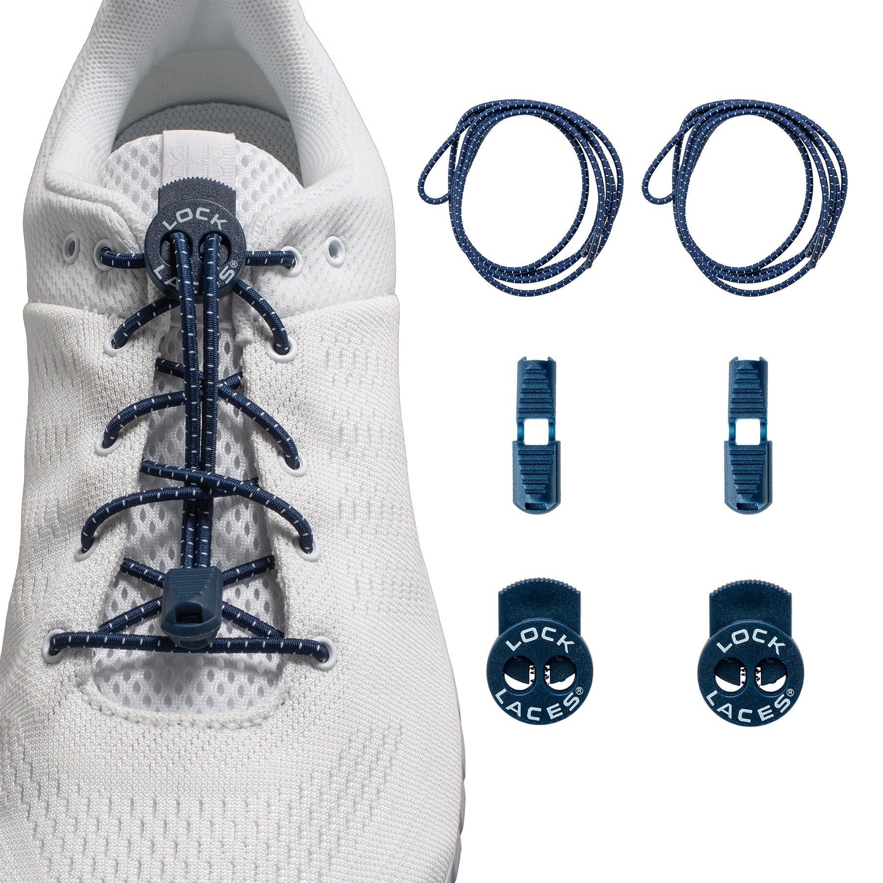 Navy blue Lock Laces no-tie shoelaces on white sneaker with locking clips and end caps displayed separately.