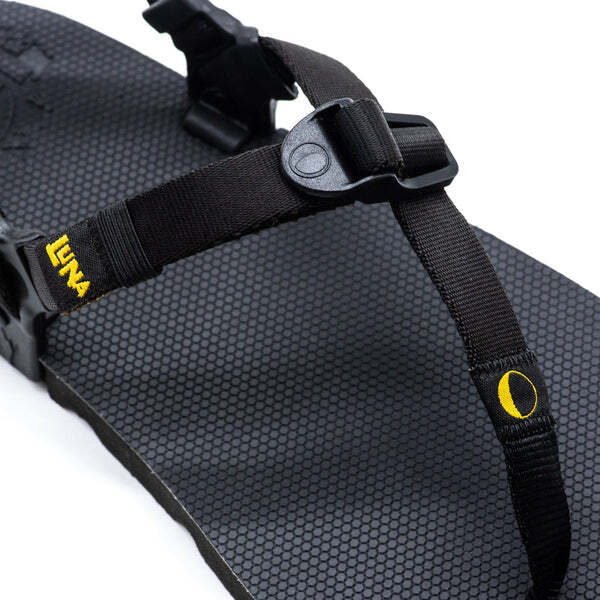 Black Luna Sandals Mono Winged Edition with textured footbed and adjustable webbing straps.