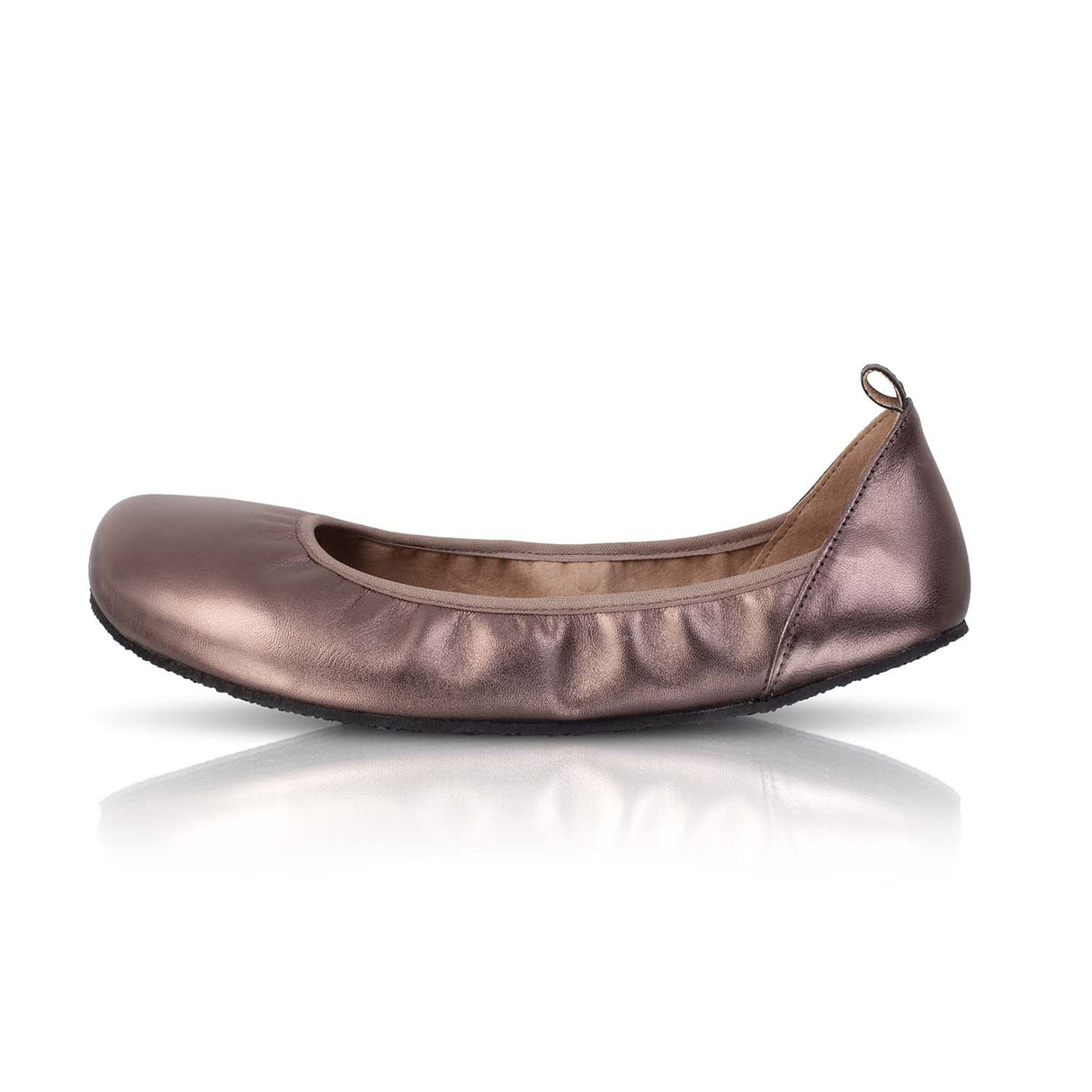 Bronze metallic ballet flat with elasticized topline and rounded toe on white background.