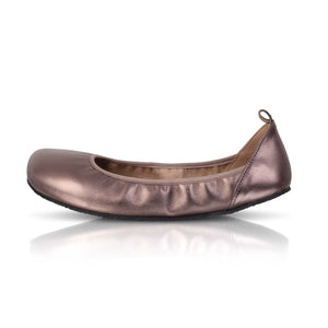 Bronze metallic ballet flat with elasticized topline and rounded toe on white background.