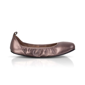 Metallic bronze wide-fit ballerina flat with elasticized topline and rounded toe.