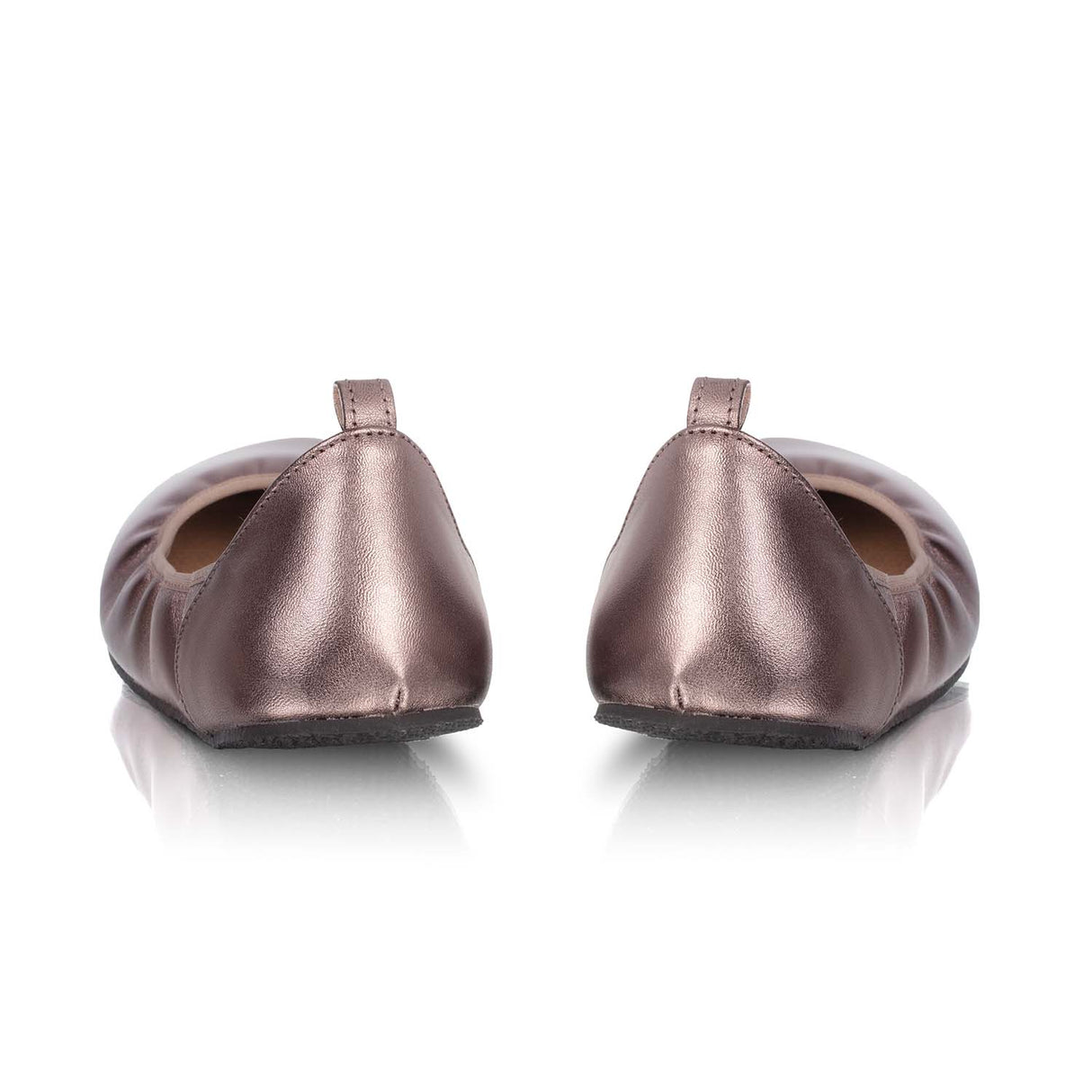 Bronze metallic wide barefoot ballerina flats with rounded heels and small rear loops.