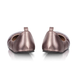 Bronze metallic wide barefoot ballerina flats with rounded heels and small rear loops.
