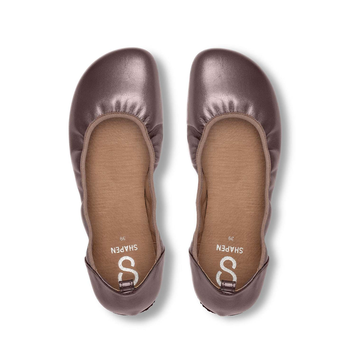 Bronze wide-fit ballet flats with rounded toe and soft ruched trim, cushioned insole visible.
