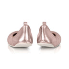 Rose gold wide barefoot ballerina flats with a smooth finish and a small heel tab, view from the back.