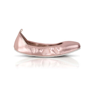 Rose gold wide-fit ballet flat with elasticized topline and smooth leather finish.